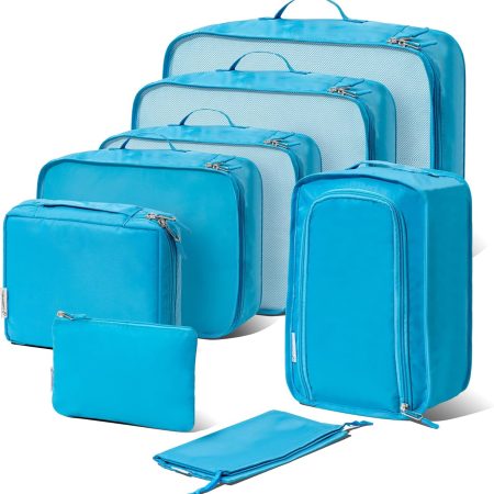 (Not Made In China) 8 Set Packing Cubes For Travel, Luggage and Suitcase Organizer Bags, Cruise Ship Essentials, TSA and Airline Approved Travel Accessories (Blue)